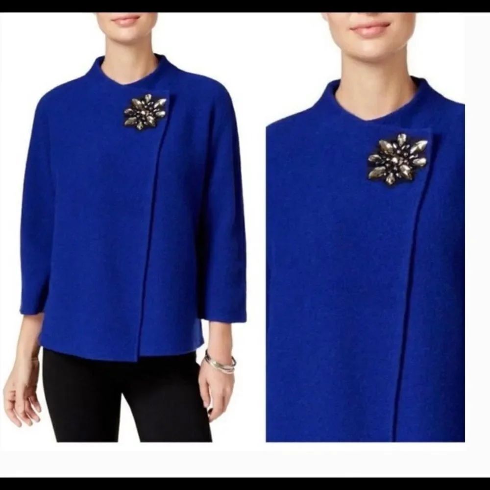 JM Collection blue wrap front brooch 100% wool knit cardigan SP